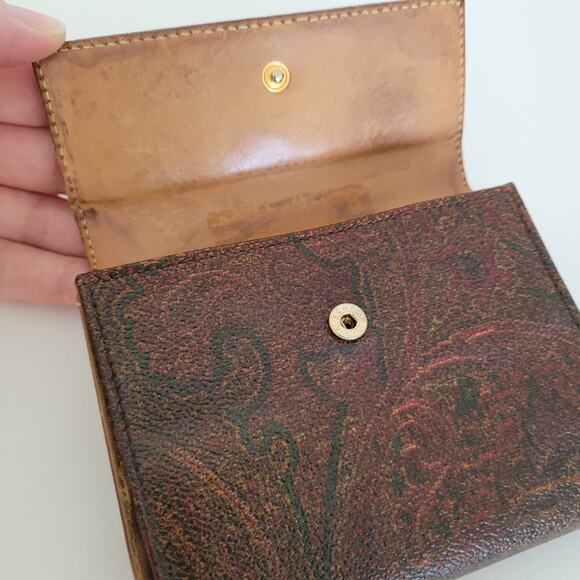 Etro Vintage Brown Paisley Medium Leather Wallet Compact Logo Italian Bifold - Picture 8 of 16